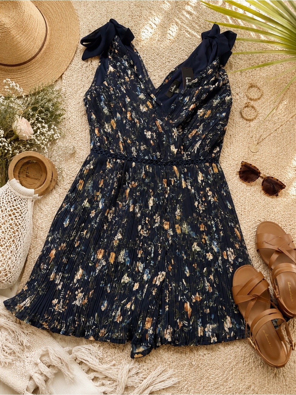 Lulus Navy Floral Plisse Romper Supplice Boho Wedding Guest
